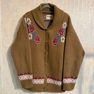 Savanna Jane Boho, Western, Cozy, Button Front Brown Floral Cardigan, Sz Large